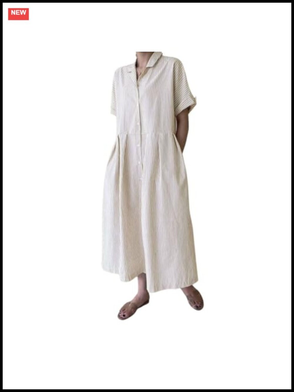 100% Cotton Striped Shirt Dress Button Up Short Sleeve Midi A-Line with Pockets
